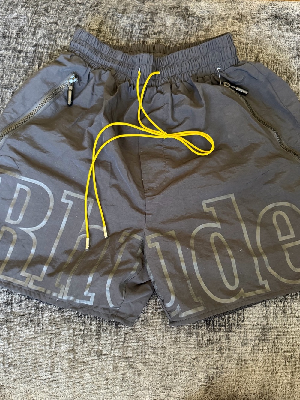 Rhude Nylon Logo Shorts - Charcoal/Black (Size Small)